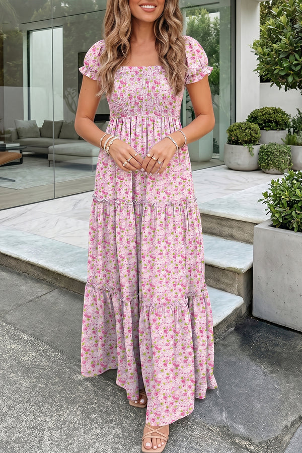 Robe longue femme floral, smocké, manches ballon, taille haute, maxi — rose