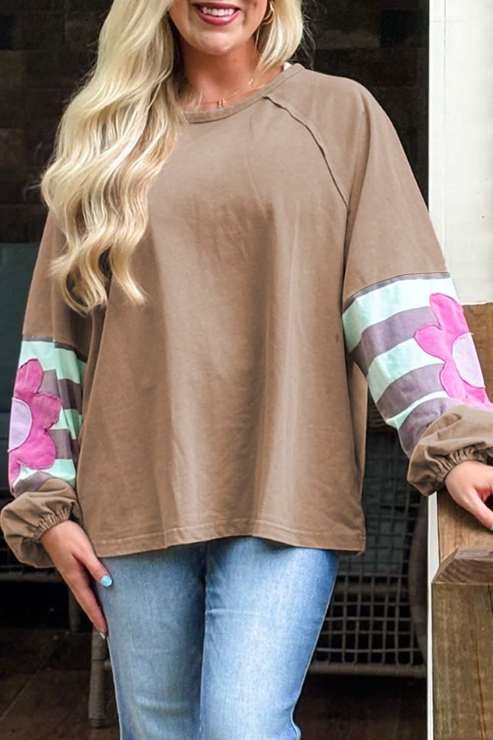 Grande taille Sweat femme rayé, patchwork, manches bouffantes, ample — beige