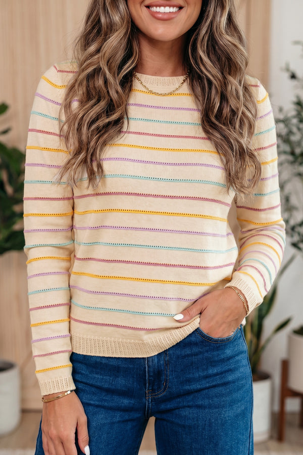 Pull femme rayé, en maille, col rond — beige
