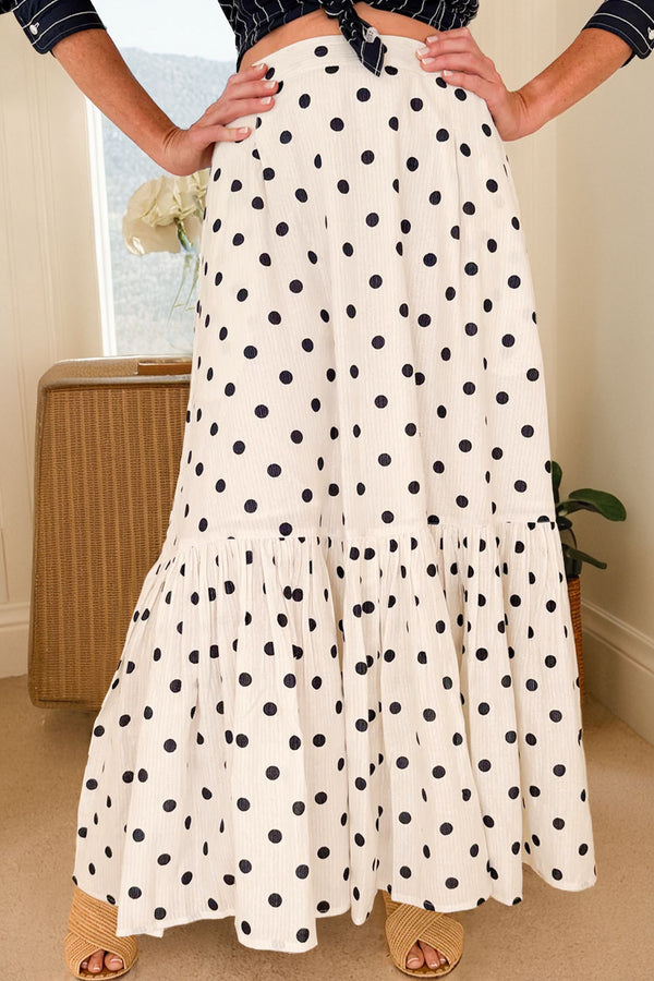 Jupe femme pois, à volants, maxi — blanc
