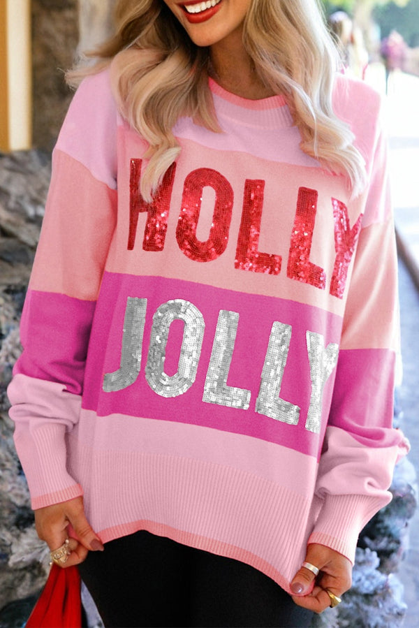 Pull femme paillettes, Noël, col rond, colorblock — rose