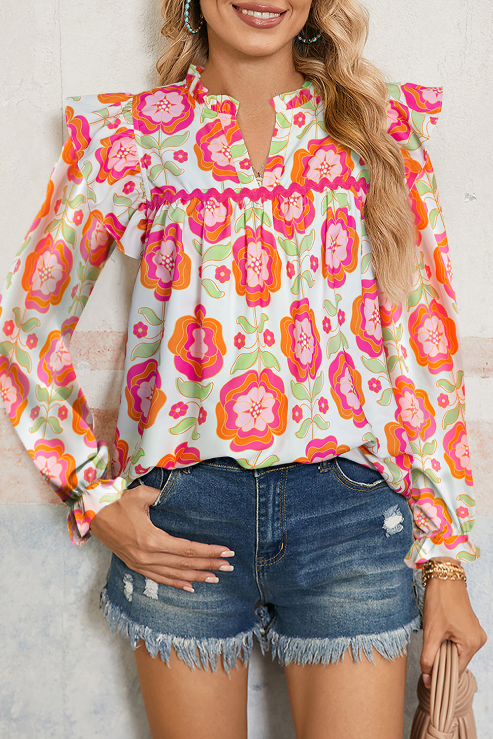 Blouse femme floral, à volants, manches longues