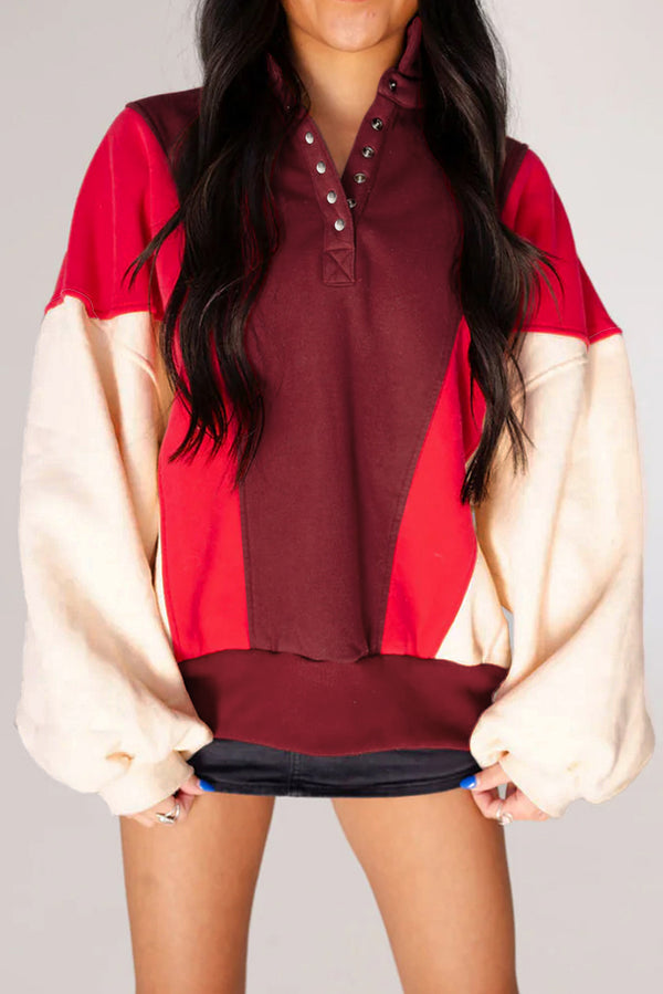 Sweat femme patchwork, boutonnée, colorblock — rouge feu