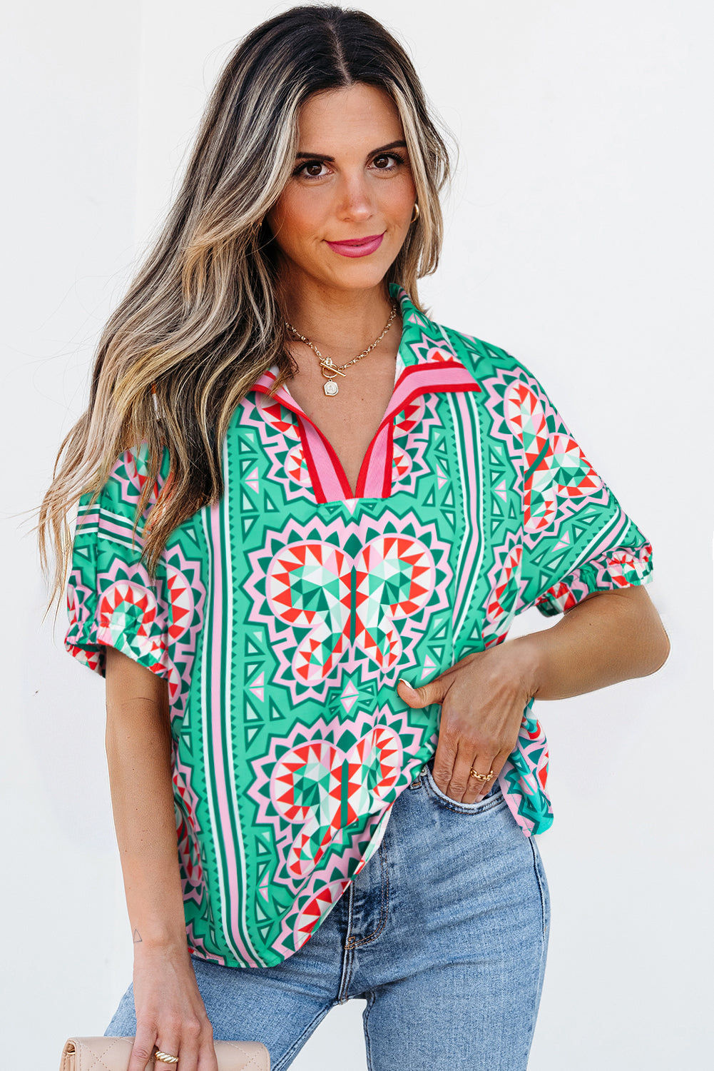 Blouse femme rayé, col V — vert d'eau