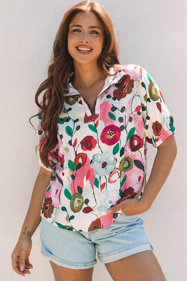 Blouse femme floral, manches courtes, col V — rose