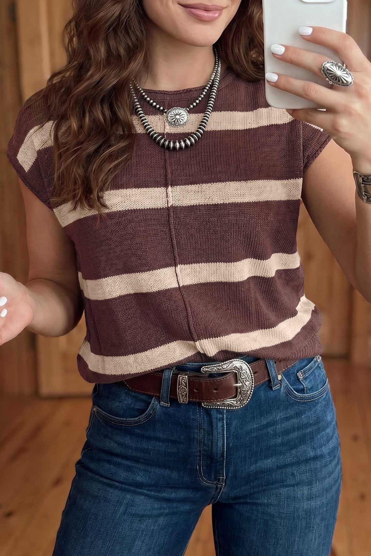 Pull femme rayé, en maille, manches courtes — marron