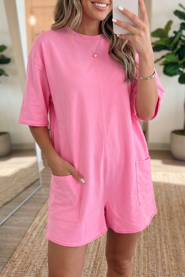Combinaison femme poches, manches 3/4, ample, uni — rose