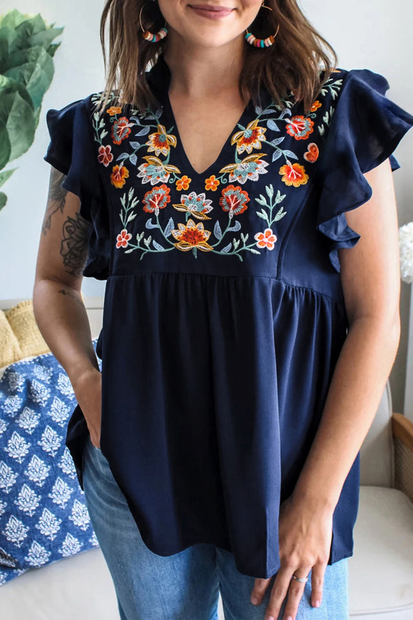Blouse femme broderie florale, à volants, col V — bleu
