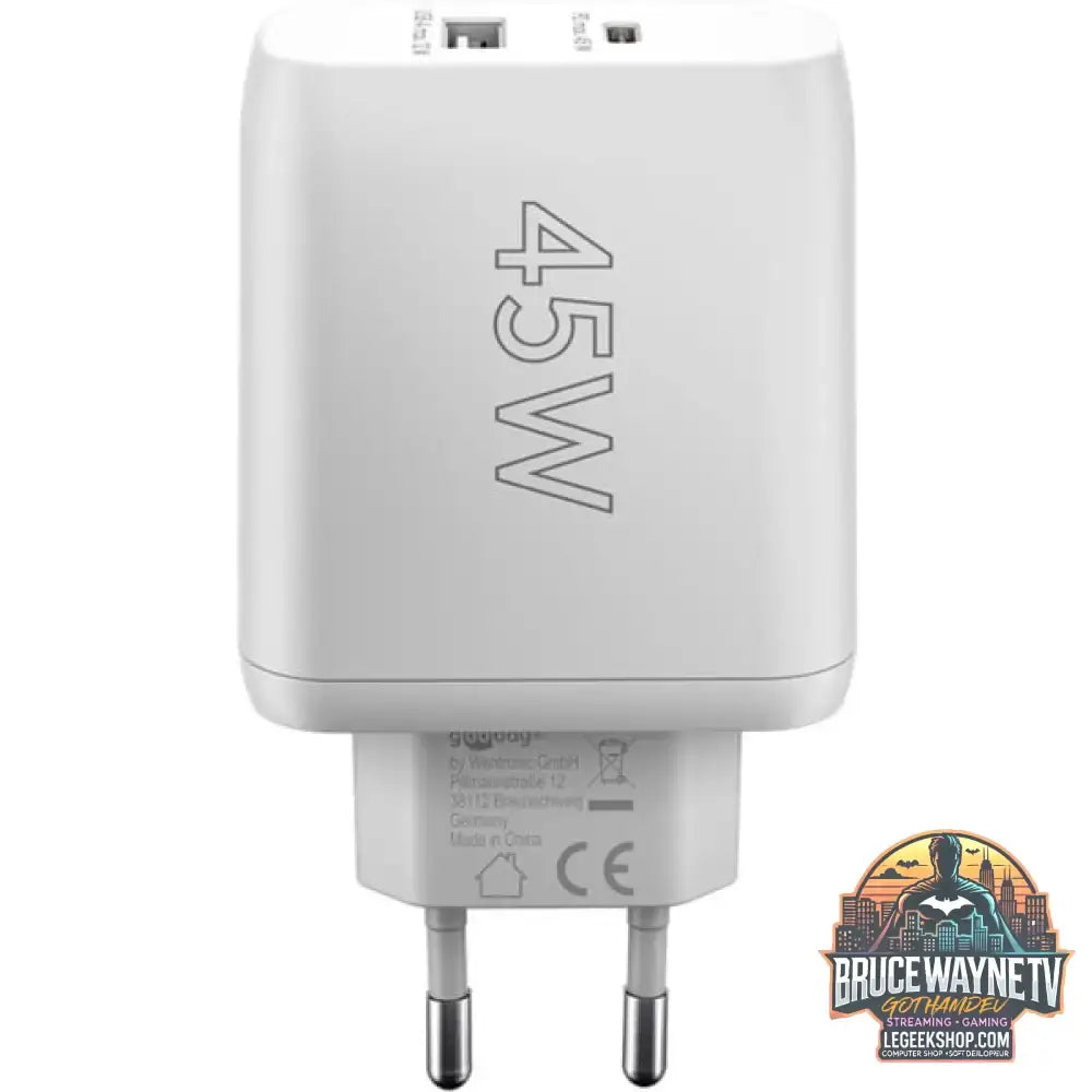 goobay USB-C PD Dual-Schnellladegerät 45 Watt weiß, 1x USB-A, 1x USB-C PD, GaN-Technologie - goobay - vue 3