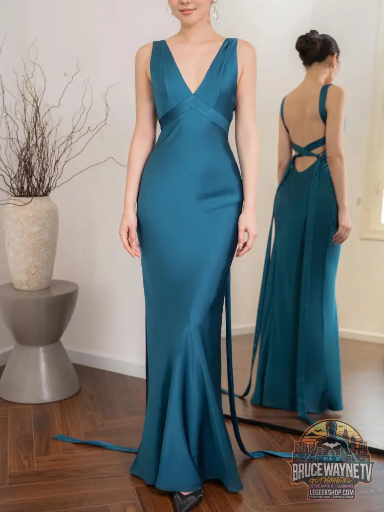 Robe Soirée Longue Bleu Lac Dos Nu Bretelles Élégante - Lake blue / XS - Robe Soirée